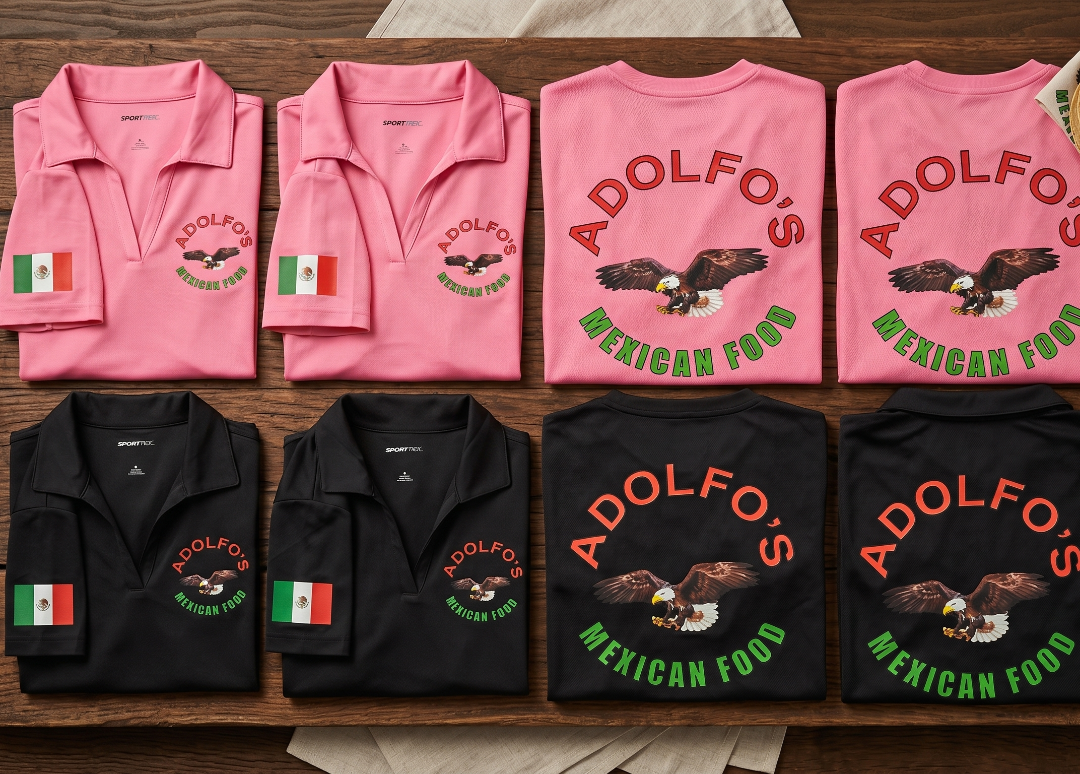 A collection of pink and black custom shirts featuring the "Adolfo's Mexican Food" eagle logo, neatly folded on a rustic wooden table with fresh limes, tortillas, and a small molcajete.