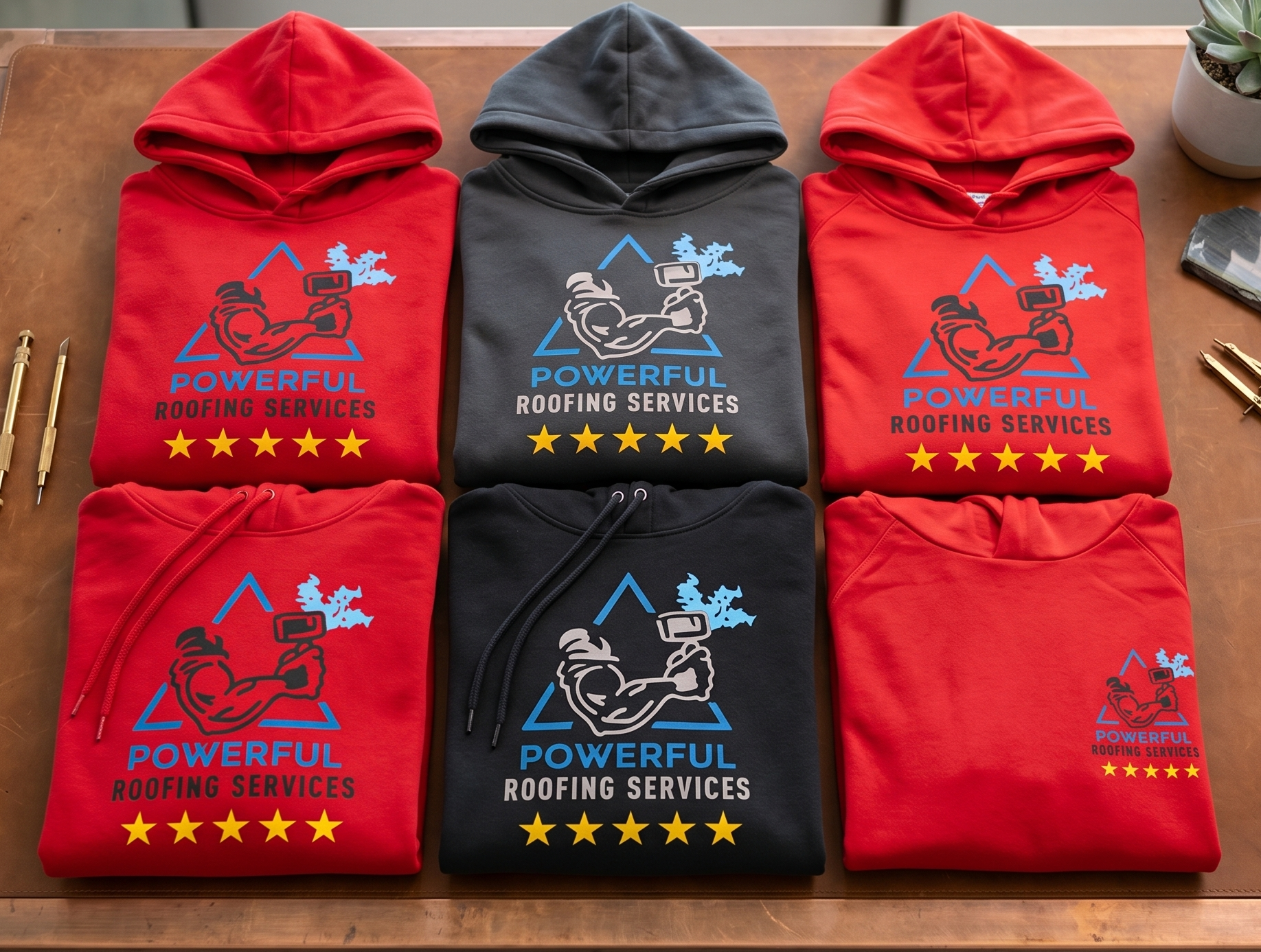 A collection of custom red and dark grey hoodies featuring the "Powerful Roofing Services" logo, neatly folded and arranged on a professional leather work desk with architectural blueprints in the background